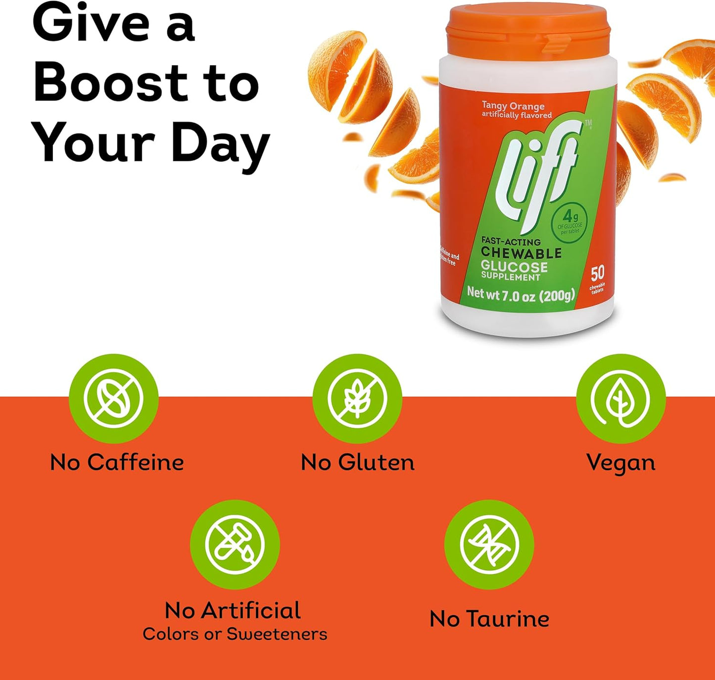 Lift Glucose Fast-Acting Glucose Chewable Energy Tablets, Orange, 50 ct Jar (Pack of 1)