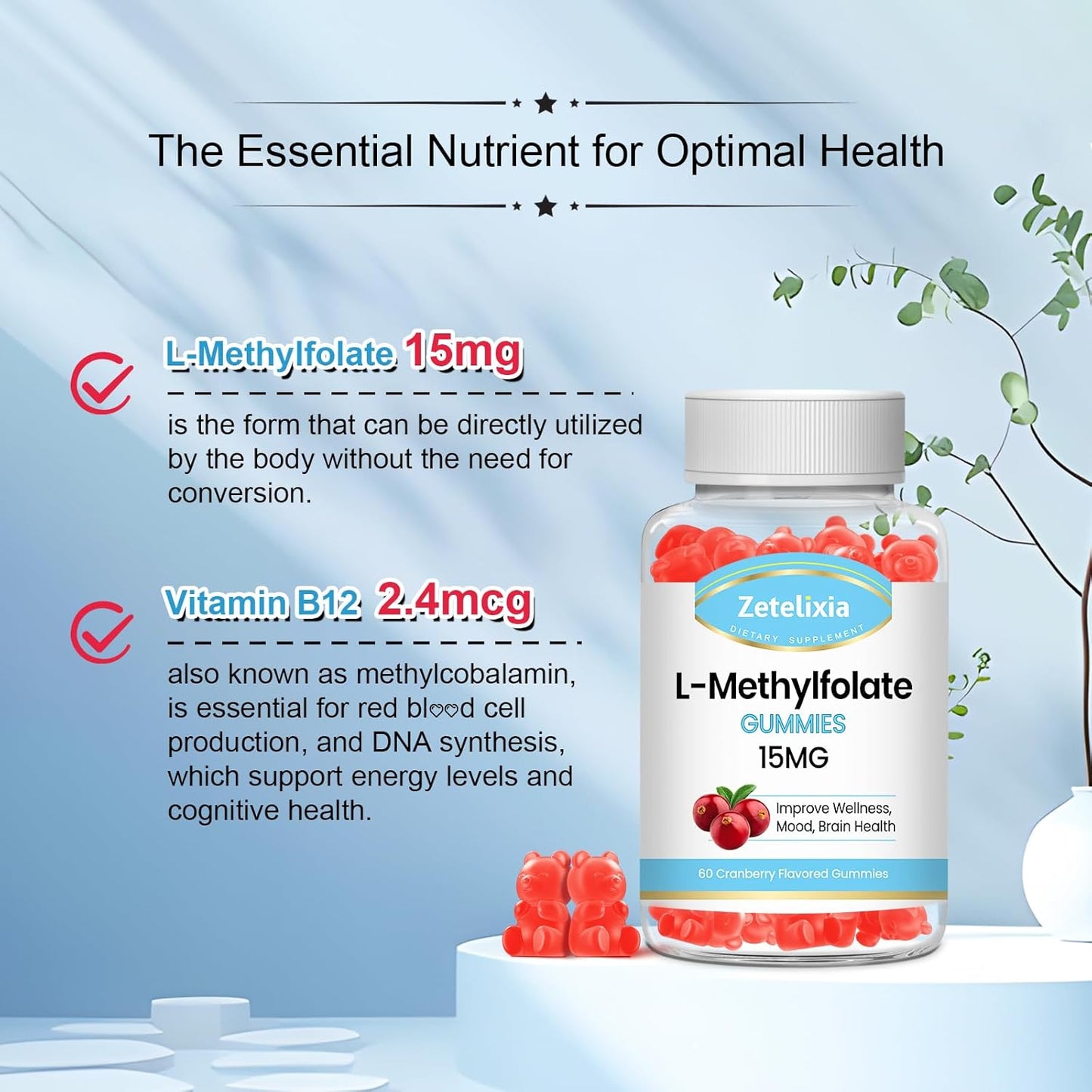 2 Pack L-Methylfolate 15mg & Methyl B12 Gummies, Folate Supplement for Brain Health, Mood & Immunity, DNA Synthesis & Repair, Sugar Free, Vegan, Cranberry Flavor, 120 Count