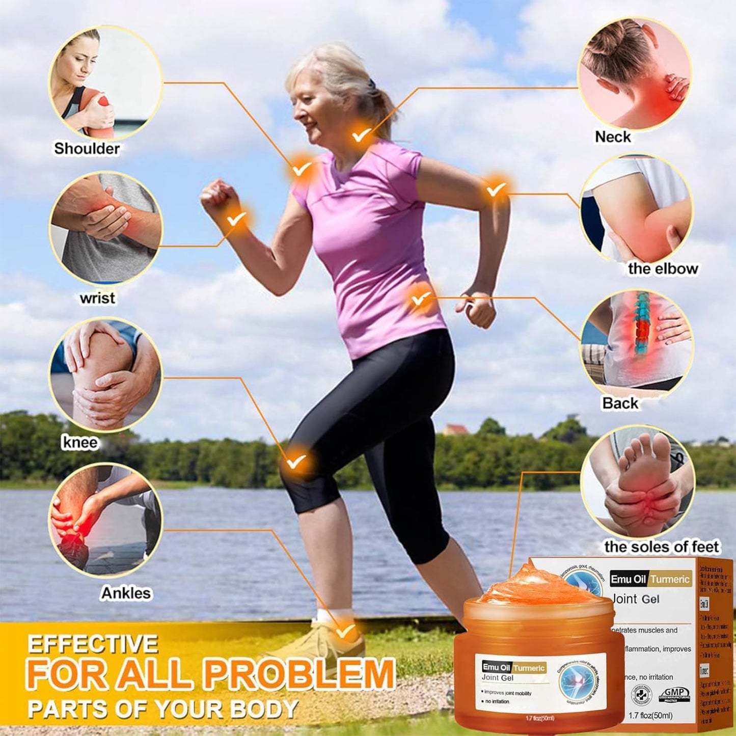 2 PCS Emu Oil Turmeric Joint Gel，Professional Emu Oil Turmeric Bone Sooth Gel for Joint Activities Throughout The Body, Joint Soothing Massage Gel for Back, Neck, Hands, Knee