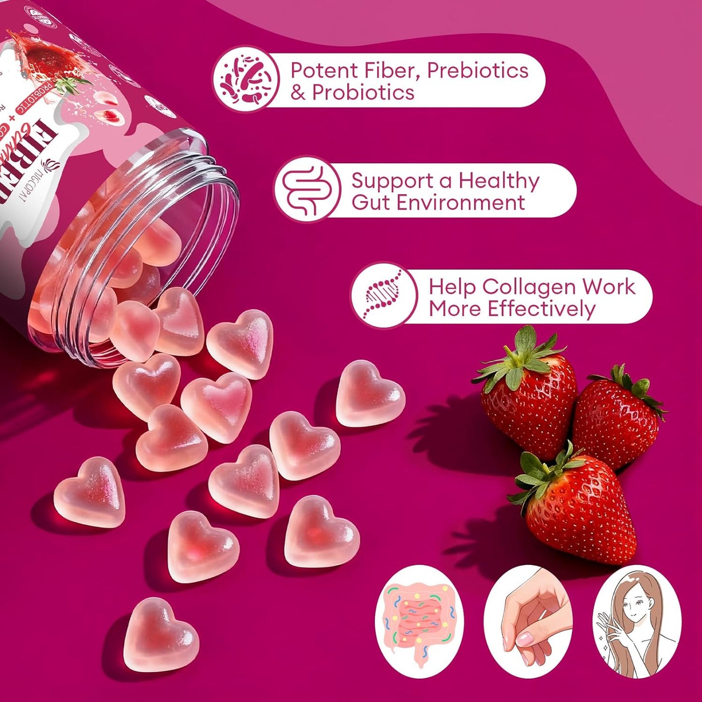 10G Fiber Gummies with Collagen Peptides, Hyaluronic Acid, Vitamin C, ACV, 30 Billion CFU Probiotics – Sugar Free Collagen Gummy for Skin, Hair & Nails – Digestive Health Support – 60 Cts