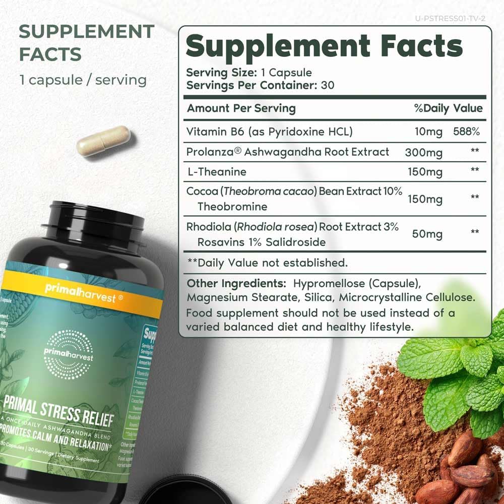 Primal Harvest Stress Relief Supplement for Women and Men Pure Ashwagandha Root Extract, L-Theanine Supplements, 30 Capsules
