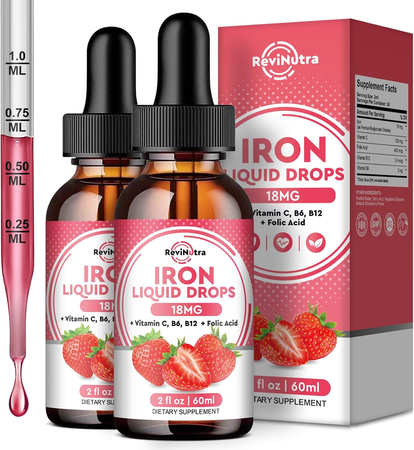 2 Pack Liquid Iron Supplement for Women, Men & Kids - Liquid Iron Drops with Folate, Vitamin C, B6, B12 for Anemia, Red Blood Cell, Energy Support - Strawberry Flavor