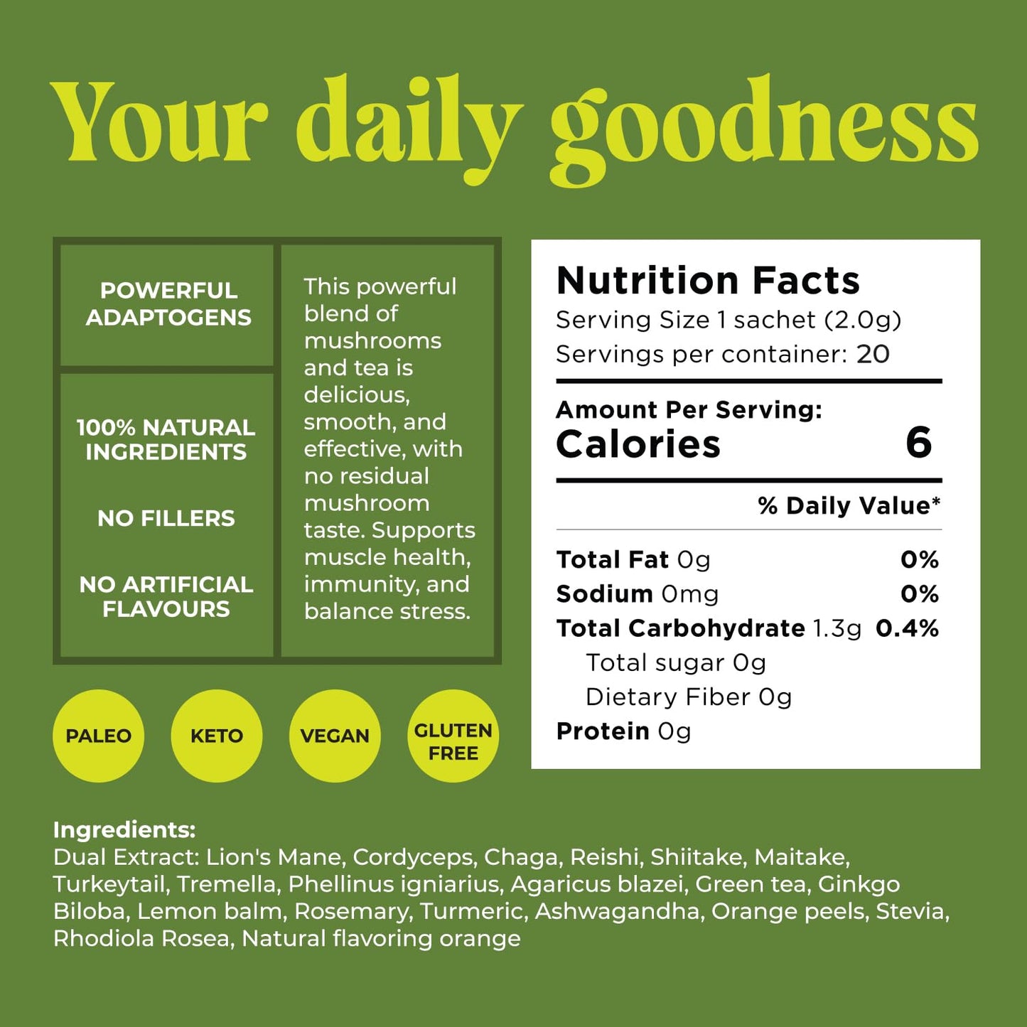 20 in 1 Mushroom Tea with Lion’s Mane, Ashwagandha, Cordyceps, Reishi, Chaga, Ginkgo Biloba, Green Tea for Better Energy and Focus - Caffeine Free Adaptogenic Tea for Wellness - 20 Tea Bags