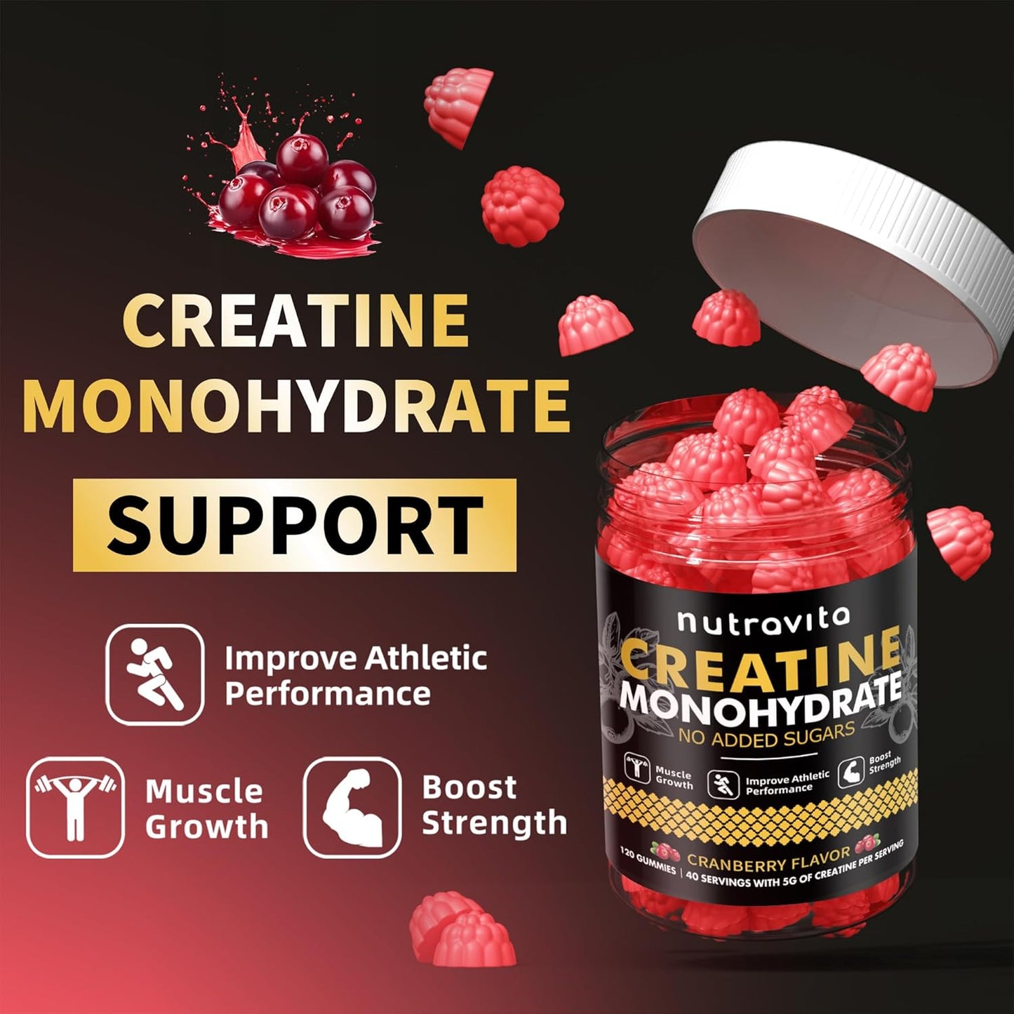 Creatine Monohydrate Gummies for Men & Women-5g of Creatine Monohydrate per Serving - Sugar Free,Vegan, Cranberry Flavor, 120 Count