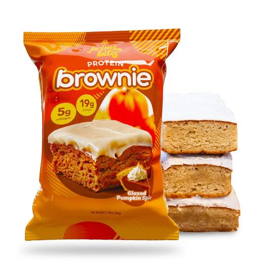 Prime Bites Protein Brownie from Alpha Prime Supplements | High Protein, Collagen Fortified Low Sugar Treat | Delicious Snack | 12 Bars per Box (Glazed Pumpkin Spice)