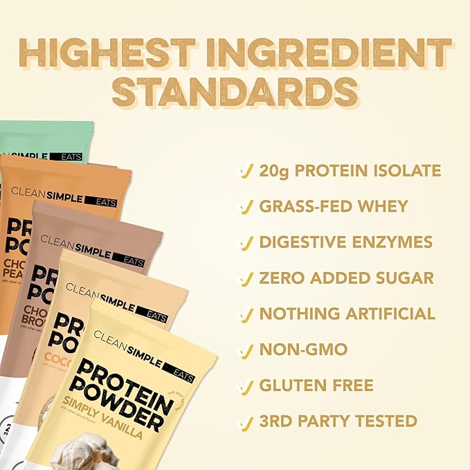Clean Simple Eats Whey Protein Powder, Variety Pack, Naturally Sweetened Flavors, 100% Grass Fed Protein Powder with Digestive Enzymes & No Artificial Ingredients, Gluten Free, 10 Single Serve Packs
