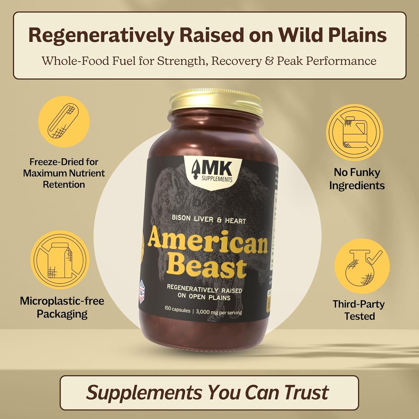 MK Supplements American Beast – Strength, Endurance & Recovery Support – 150 Capsules (30 Servings) – Freeze-Dried American Bison, 100% Grass-Fed, Bison Liver and Bison Heart, Whole-Food Formula
