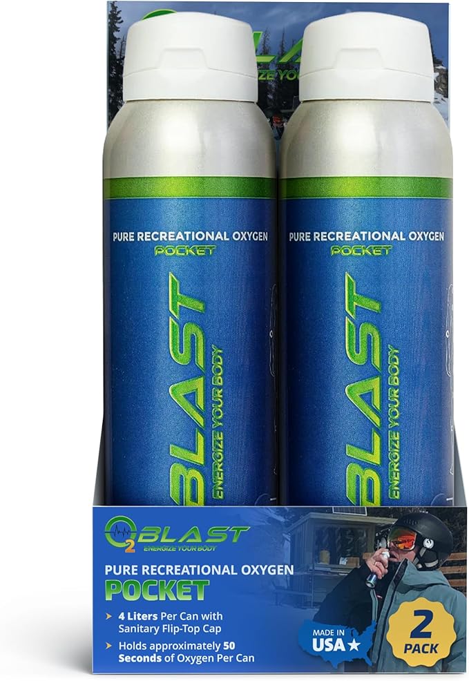 O2 Blast - Pure Oxygen Supplement - Filled with 99.99% Pure Oxygen to Support Fast Recovery, Increase Stamina & Enhance Focus for High Altitude and Action Sports, 4L Portable Can Flip-Top Cap, 2-Pack