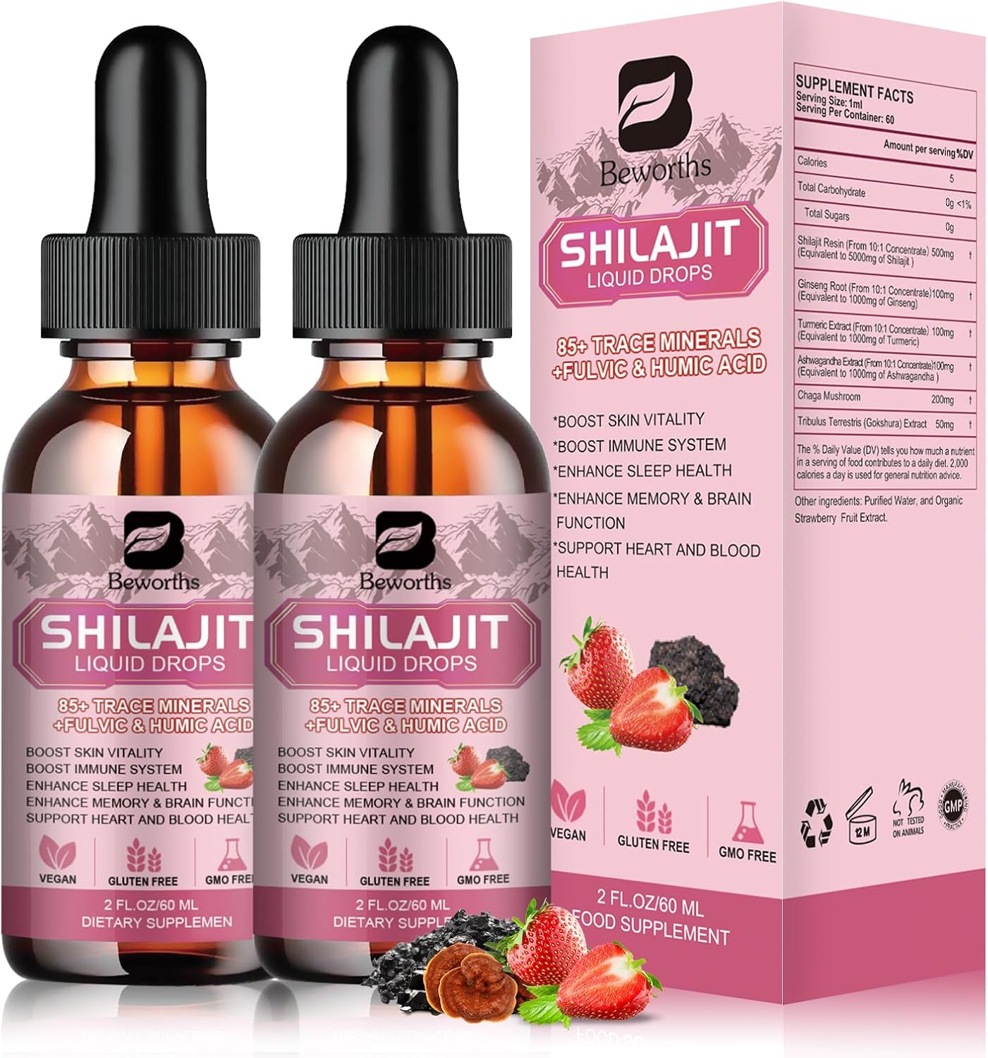 2Pack Shilajit Resin Liquid Drops | Pure Shilajit Complex for Men Women with Ashwagandha, Turmeric, Ginseng, Chaga | 85+ Trace Minerals & Fulvic Acid | Boost Immunity & Energy - Non-GMO
