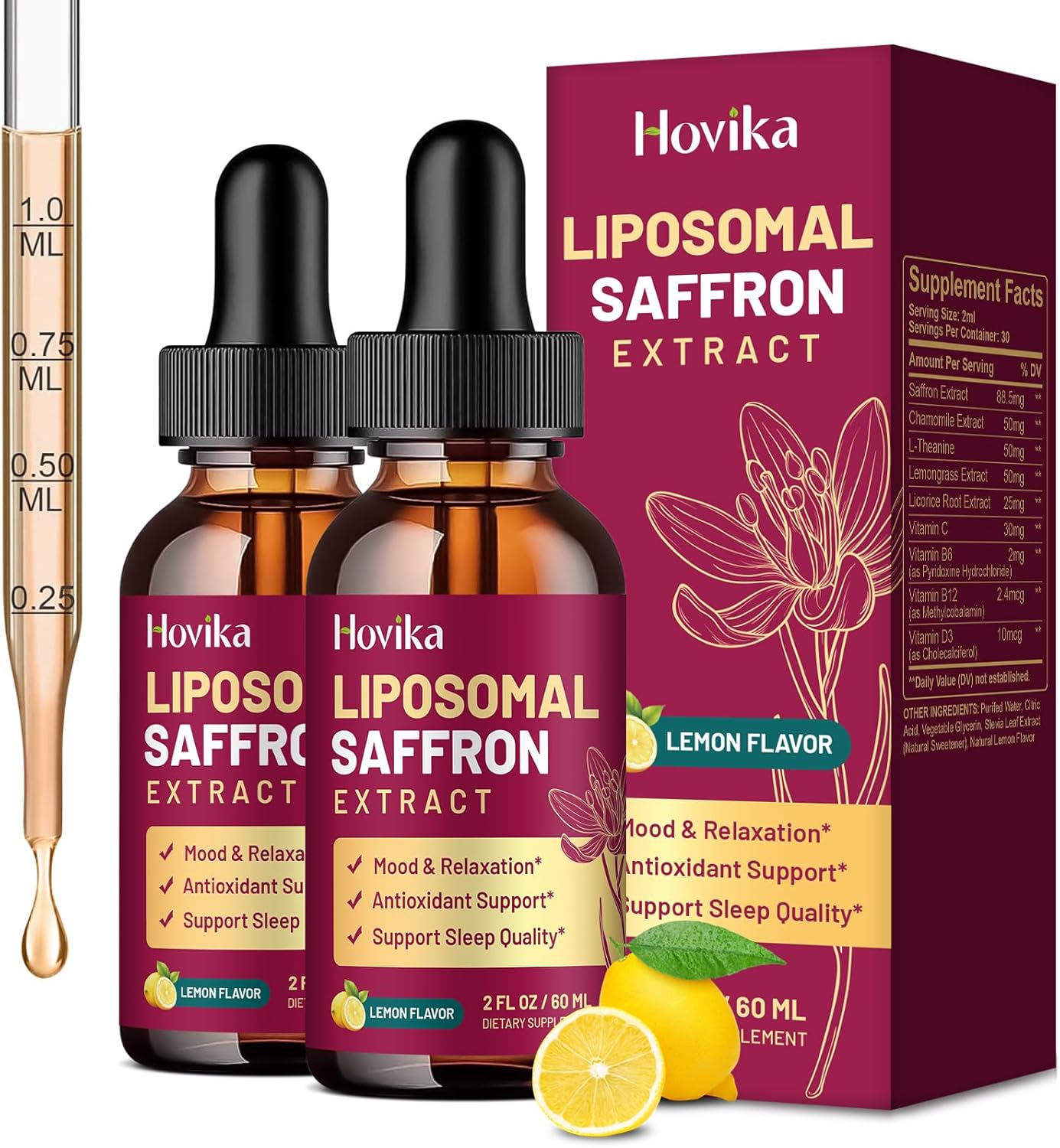 2 Pack Liposomal Saffron Supplements - 88.5mg Saffron Extract Liquid Drops with L-Theanine, Chamomile, Vitamin C, B6, B12 & D3 for Antioxidant, Immune, Mood, Energy, Focus & Sleep - Lemon Flavor