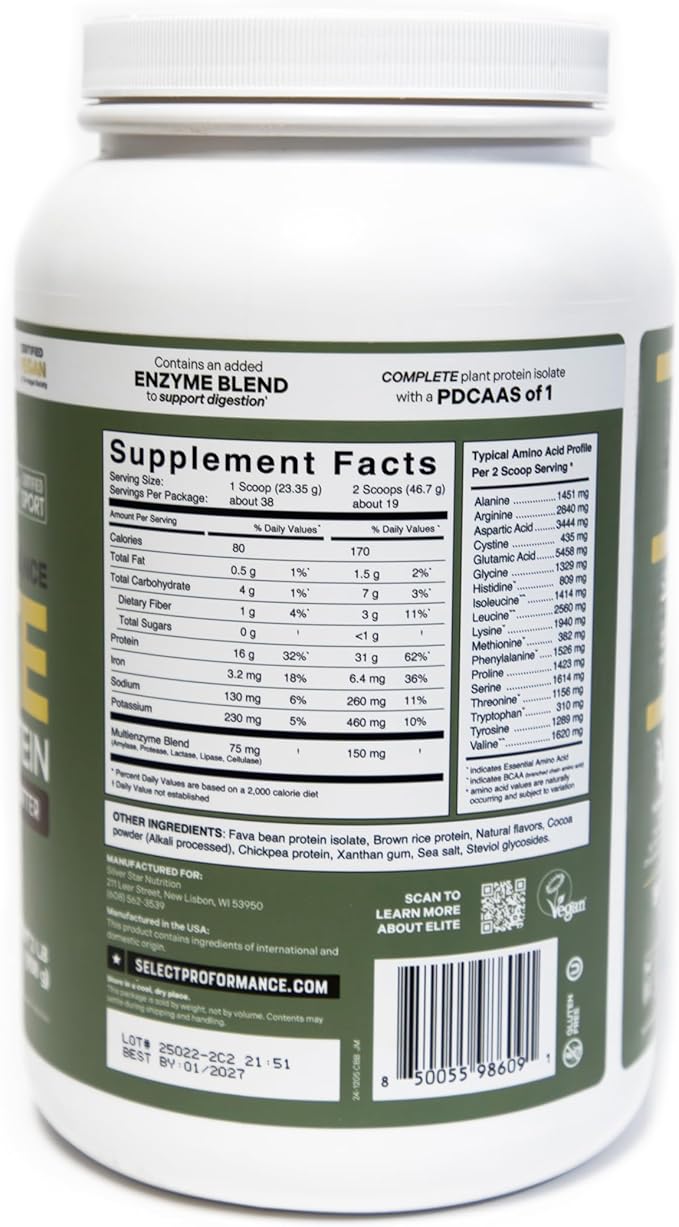 Select Proformance Elite Vegan Protein Powder - 16g of Protein per Scoop, Plant Based, Dairy Free, Gluten Free, Clean Ingredients - Chocolate Brownie Batter, 2lb Tub (40 Servings)