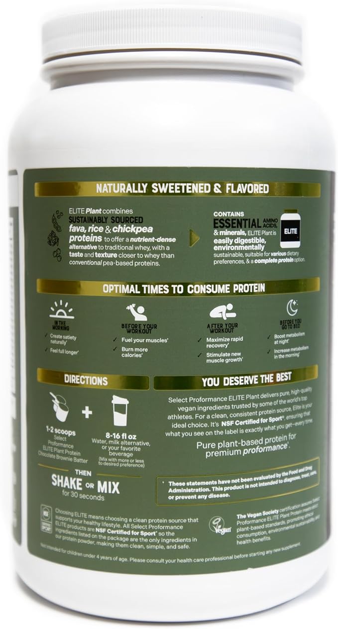Select Proformance Elite Vegan Protein Powder - 16g of Protein per Scoop, Plant Based, Dairy Free, Gluten Free, Clean Ingredients - Chocolate Brownie Batter, 2lb Tub (40 Servings)