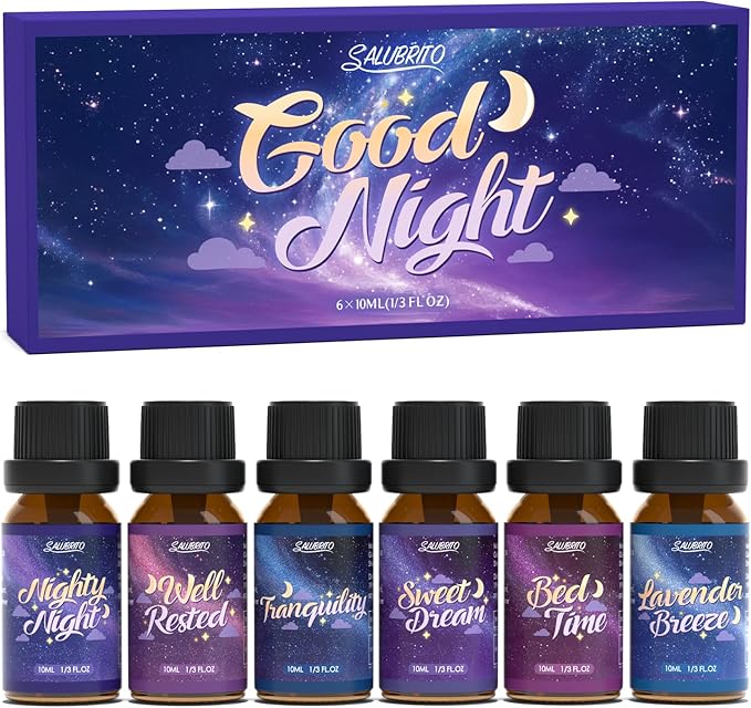 SALUBRITO Good Night Fragrance Oils, Premium Essential Oil Set for Diffuser, Soap, Candle Making scents, Nighty Night, Well Rested, Tranquility, Sweet Dream, Bed Time, Lavender Breeze