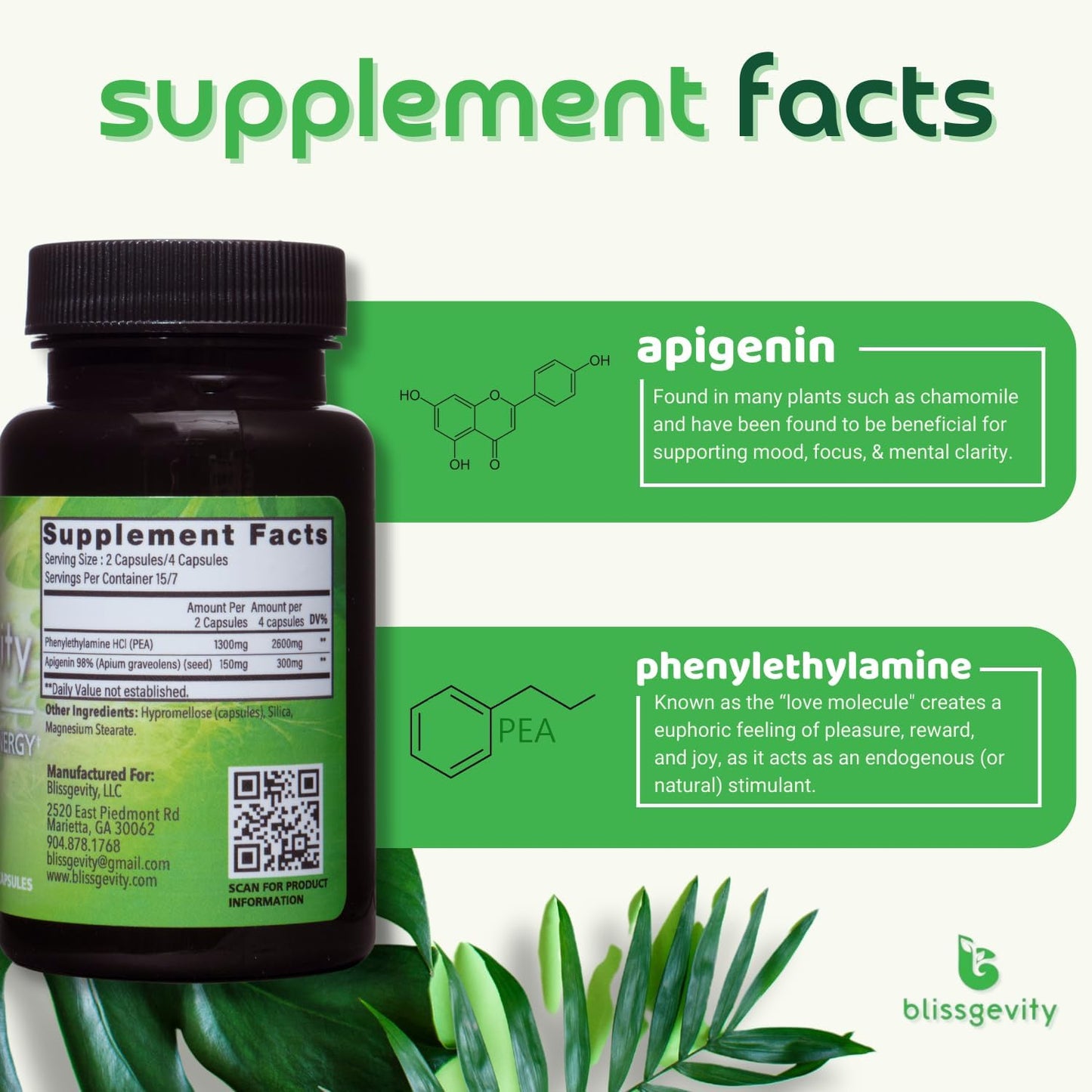 150mg Apigenin - Phenylethylamine - Mood Support Supplement - Promotes Euphoria, Focus, and Mental Clarity - Natural Stress Relief - Calm Support - Intimacy Enhancer - 30 Capsules