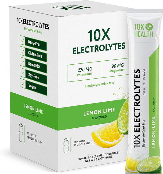 10X Health Electrolytes Powder Drink Mix Lemon Lime - Hydration Packets w/Potassium, Magnesium & Mediterranean Sea Salt - Sugar-Free Electrolytes Powder - Non-GMO Electrolyte Packets - 30 Stickpacks