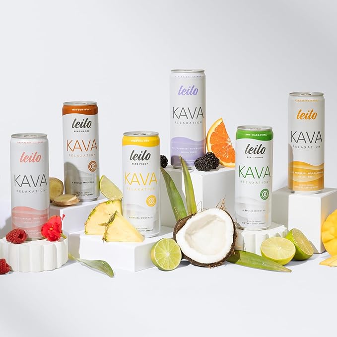 LEILO | Kava Powered Sparkling Relaxation Drink | Variety Sampler 6-Pack - Non-ALC Calming Beverage - Includes (3) Classic & (3) Mocktail Flavors | 12 fl oz Cans (Pack of 6)