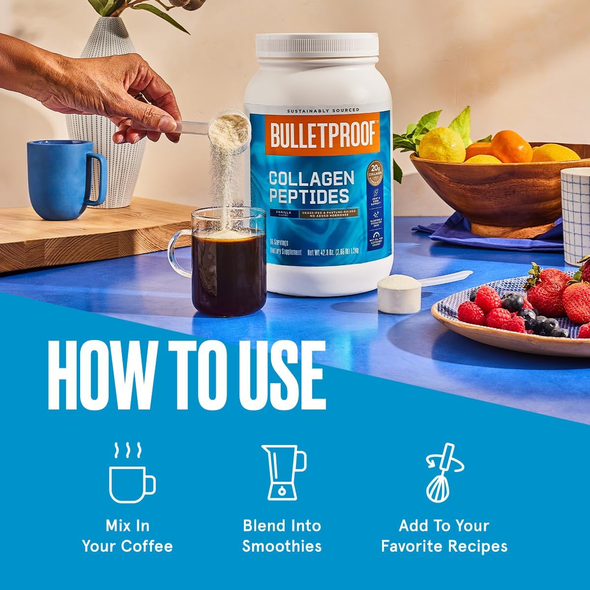 Bulletproof Vanilla Collagen Protein Powder with MCT Oil, 19g Protein, 42.3 Oz, Value Size, Collagen Peptides and Amino Acids for Healthy Skin, Bones and Joints