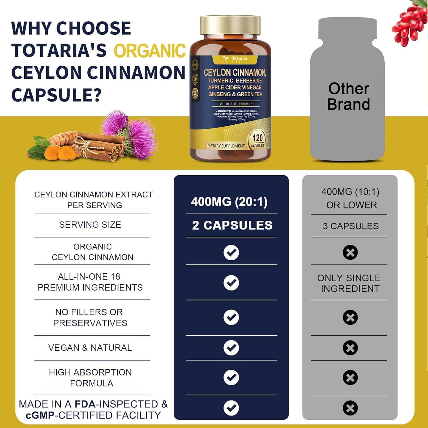 (2 Packs) 18-in-1 Organic Ceylon Cinnamon Capsules 20:1 Extract, Powerful Ceylon Cinnamon Berberine Supplement w/Apple Cider Vinegar Turmeric Bitter Melon, for Metabolism, Heart, Energy, Non-GMO