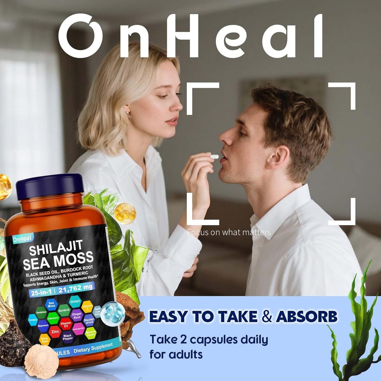 25-in-1 Sea Moss Black Seed Oil Ashwagandha Ginger Shilajit Supplement, with Burdock Root, Rhodiola Rosea, Vitamins C & D3, Shilajit Capsules for Men & Women - Boosts Energy, Skin, Joints & Immunity