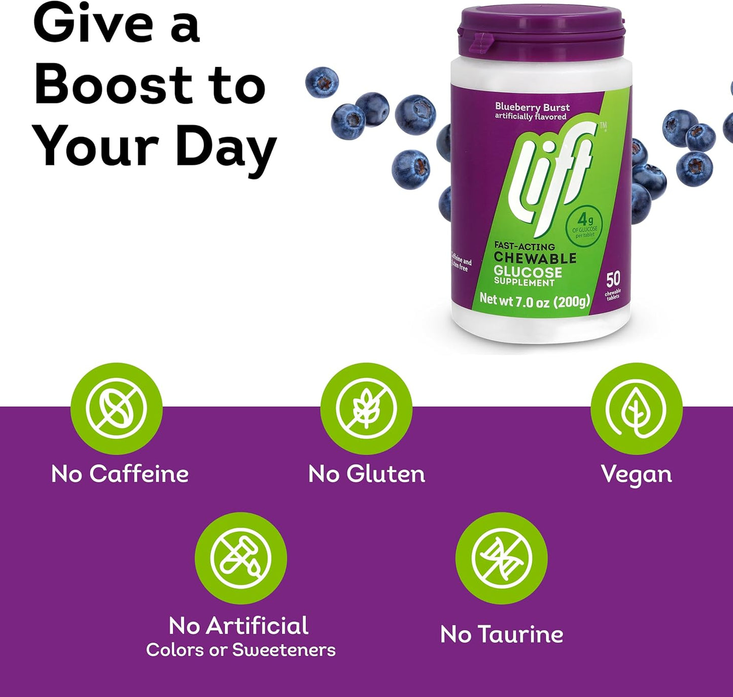 Lift Glucose Fast-Acting Glucose Chewable Energy Tablets, Blueberry, 50 ct Jar (Pack of 1)