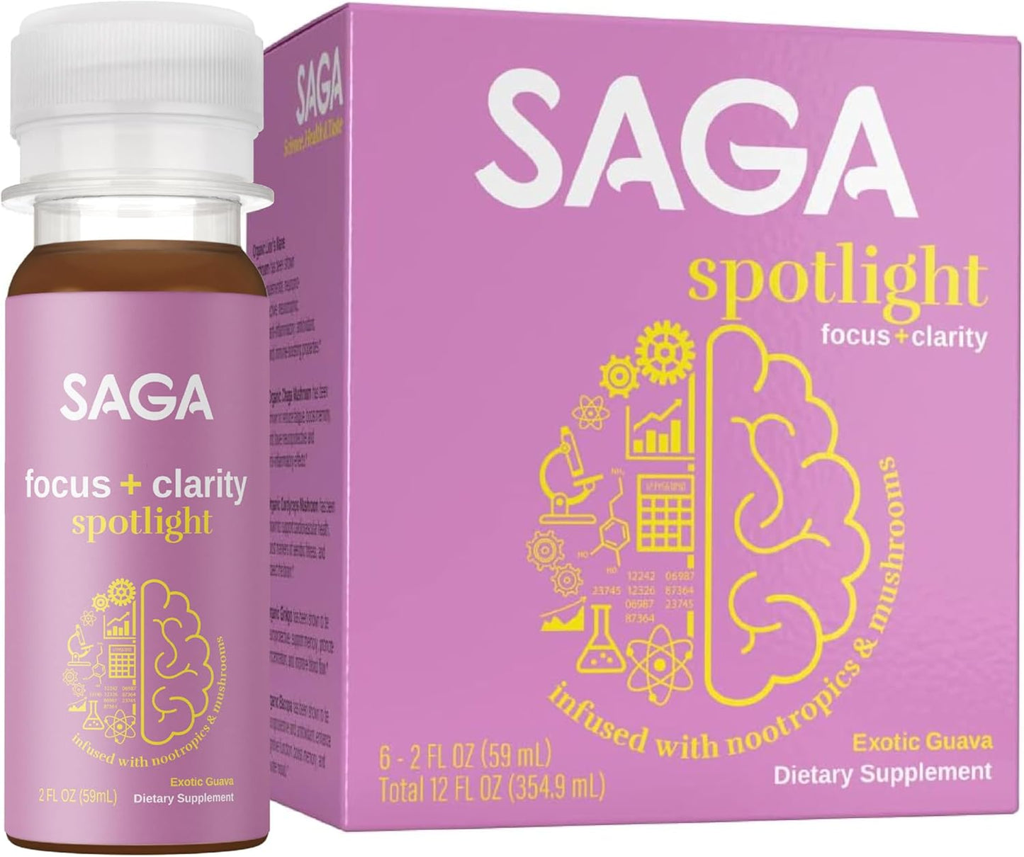 SAGA Organic Focus Shots | 0 Sugar 2 Calories | Nootropics, Adaptogens and Mushrooms with Bacopa and Ashwagandha | Fast Onset | Boosts Productivity with No Jitters | Exotic Guava 2oz 6-Pack