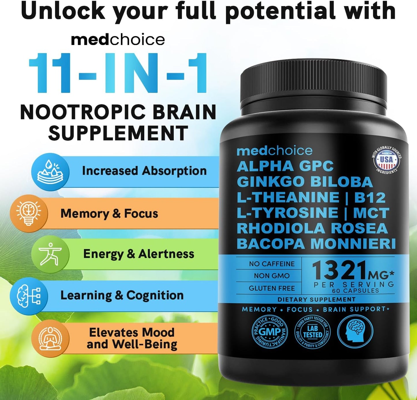 12-in-1 Nootropic Brain Supplement Anhydrous: Ginkgo Biloba for Brain Support, Memory and Focus - B12, Alpha GPC, L Theanine and Choline Supplements with Bioperine non Caffeinated 1321mg (120ct)