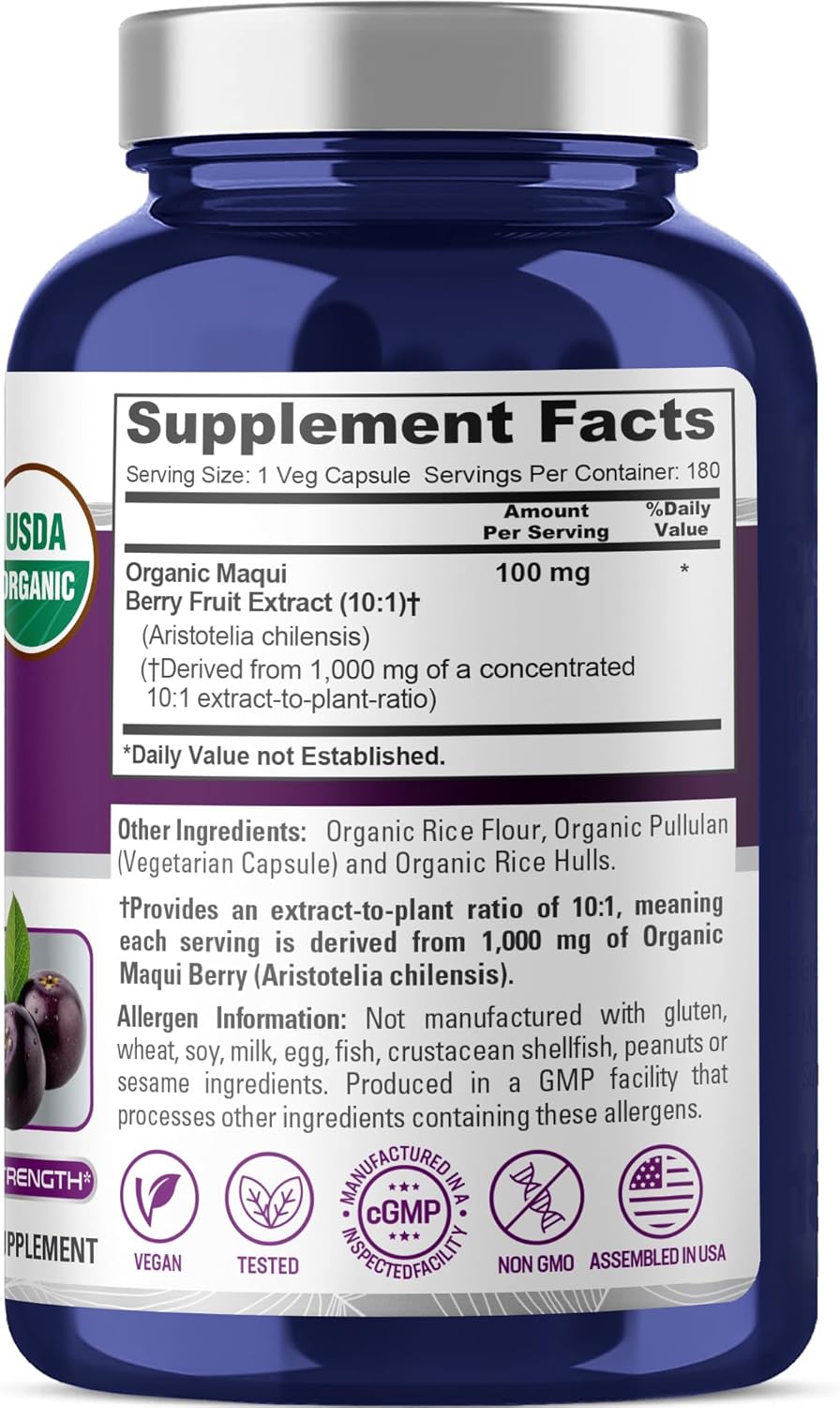 NusaPure USDA Organic Maqui Berry 10:1 Extract, 100 mg Equivalent to 1,000 mg 180 Veg Caps Suitable for Vegetarians and Vegans, Non-GMO