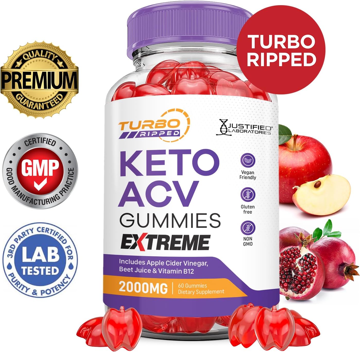 (5 Pack) Turbo Ripped Keto ACV Gummies Extreme 2000MG Turbo Ripped Keto Gummies Apple Cider Vinegar Formulated with Pomegranate Beet Juice Powder B12 Vegan Non GMO 300 Gummys
