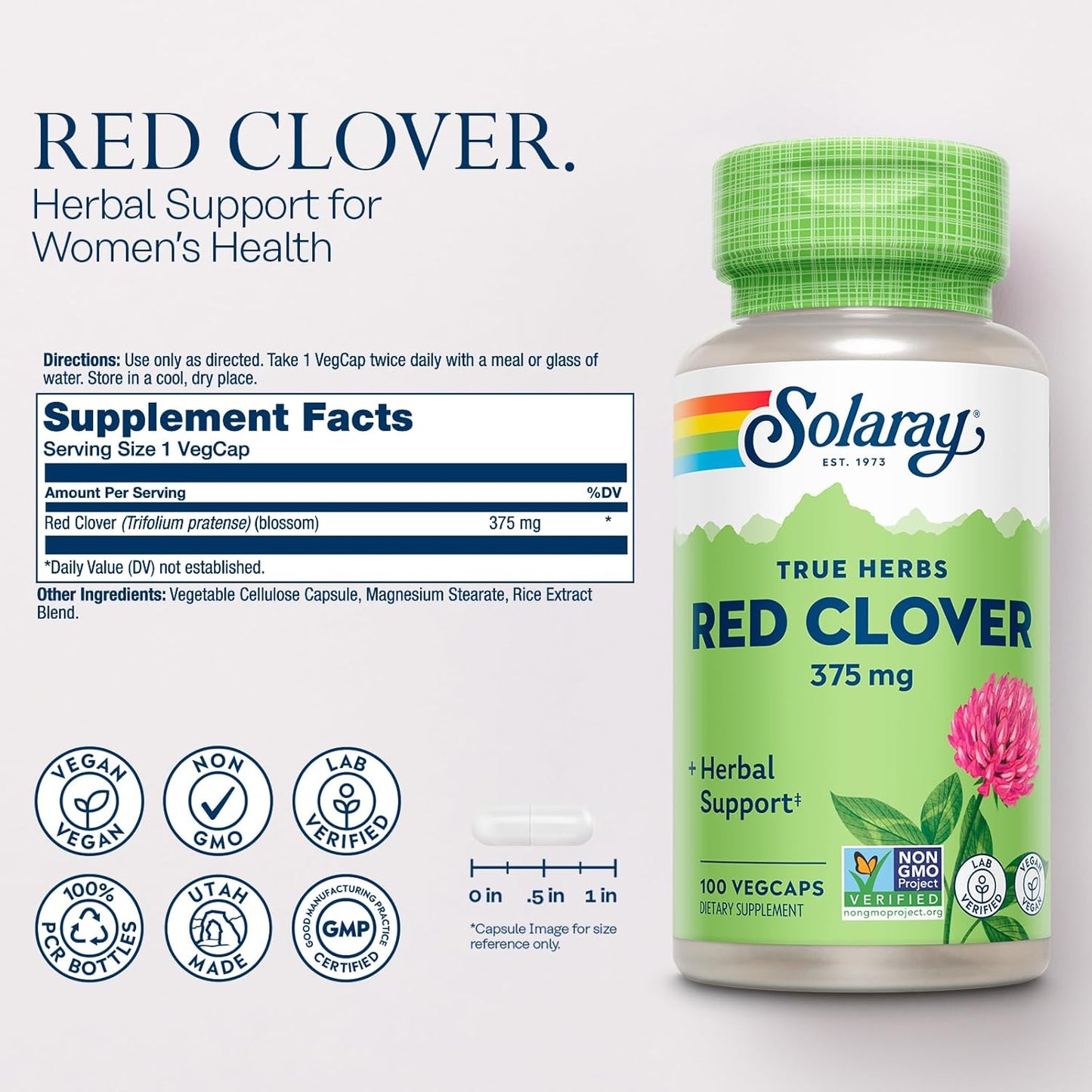 SOLARAY Red Clover 375 mg - Traditional Women's Health Herbal Support - Non-GMO Verified, Vegan, Lab Verified - 60-Day Guarantee - 100 Servings, 100 VegCaps