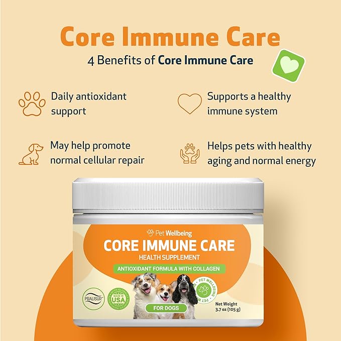 Pet Wellbeing Core Immune Care for Dogs - Daily Antioxidant Support for Pets of All Ages - Veterinarian Formulated Holistic Immune Support - 3.7 oz (105 g) Powder