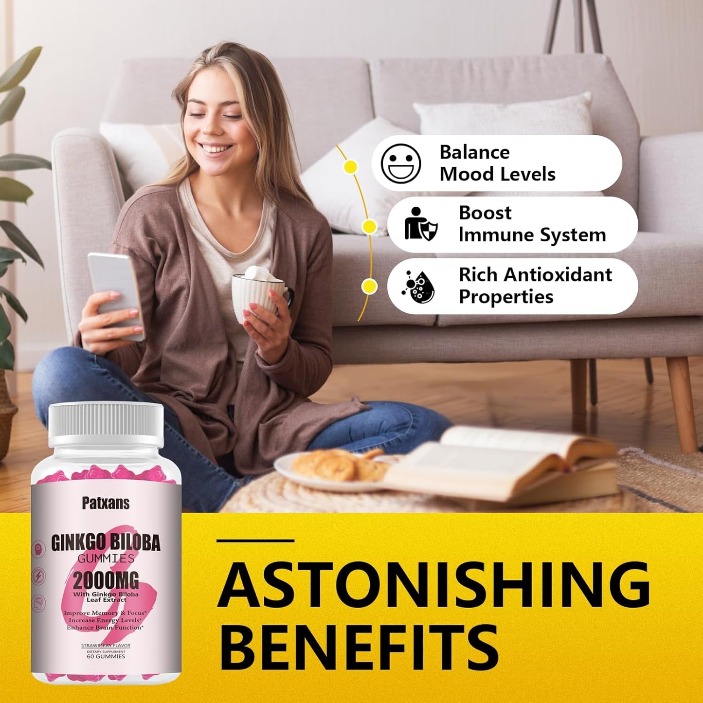 2 Packs 2000mg Ginkgo Biloba Gummies - Ginkgo Biloba Supplements for Brain Health Support, Improve Mood and Focus, Energy, Adult, Strawberry Flavor, 120 Count