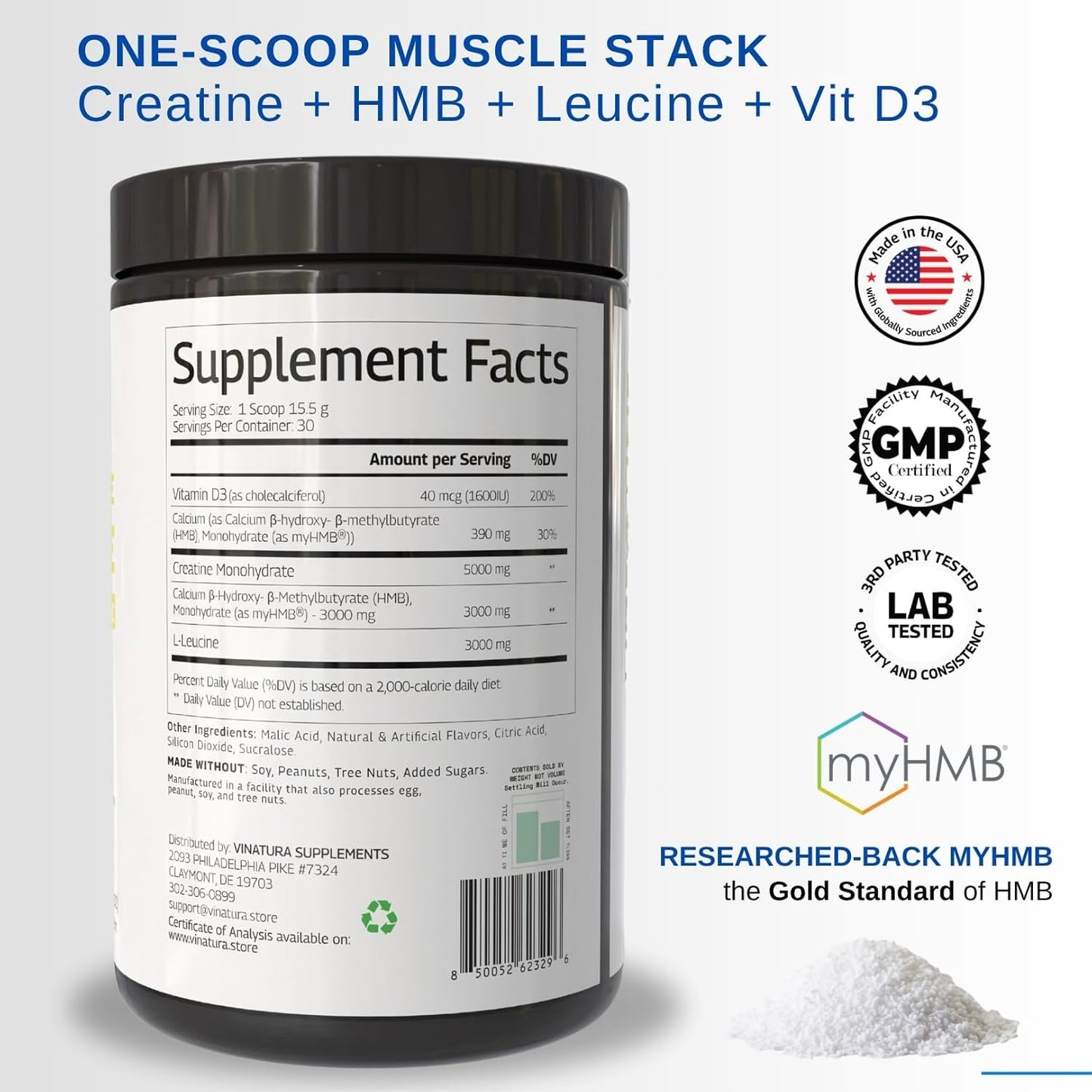 HMB Creatine Leucine Powder - 5g Creatine Monohydrate, 3g HMB Supplement, 3g L-Leucine - Vitamin D3, Vegan Lemonade Flavor, Muscle & Strength Support - 30 Servings