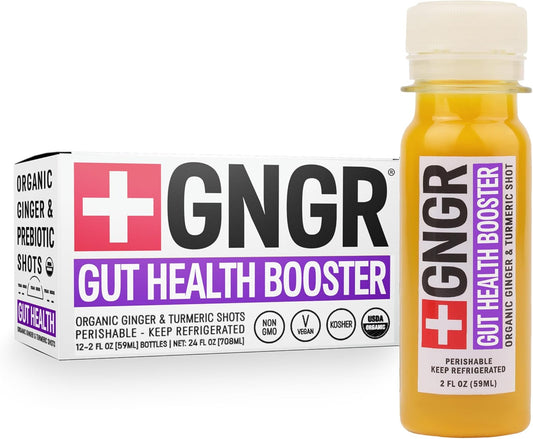 +GNGR Gut Health Booster – Prebiotic and Probiotic for Women & Men - Digestive Health, Immune Support, Bloating & Constipation Relief | Organic Ginger Shot with Apple Cider Vinegar 2 fl oz (12-Pack)