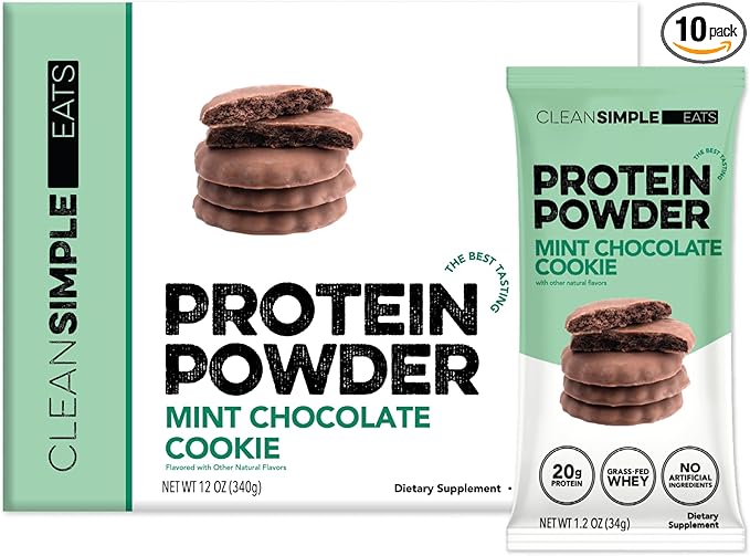 Clean Simple Eats Whey Protein Powder, Mint Chocolate Cookie Flavor, Naturally Sweetened, 100% Grass Fed Protein Powder with Digestive Enzymes, No Artificial Ingredients, Gluten Free, 10 Stick Packs