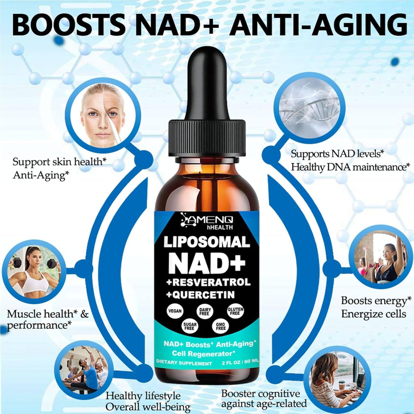 2 Pack NAD Supplement, Liposomal NAD Nicotinamide Riboside Resveratrol 900mg Quercetion, TMG, Vitamin B3, High Potency NAD+ Liquid Supplement for Cell Regenerator, Longevity, Energy