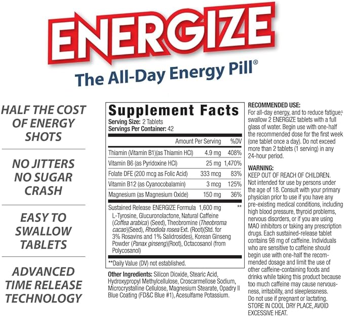 iSatori Energize Caffeine Pills - No Crash, Fast-Acting, Time-Release for Energy Support All Day - Boost Nutrition and Endurance Nootropic Energy Supplements for Men and Women - (84 Caffeine Tablets)
