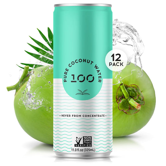 100 Coconuts - 100% Pure Coconut Water - Low Calorie All-Natural Drink with Electrolytes - Naturally Sweet, no preservatives - Non-GMO, 11 fl oz, Pack of 12 (Pure Coconut Water)