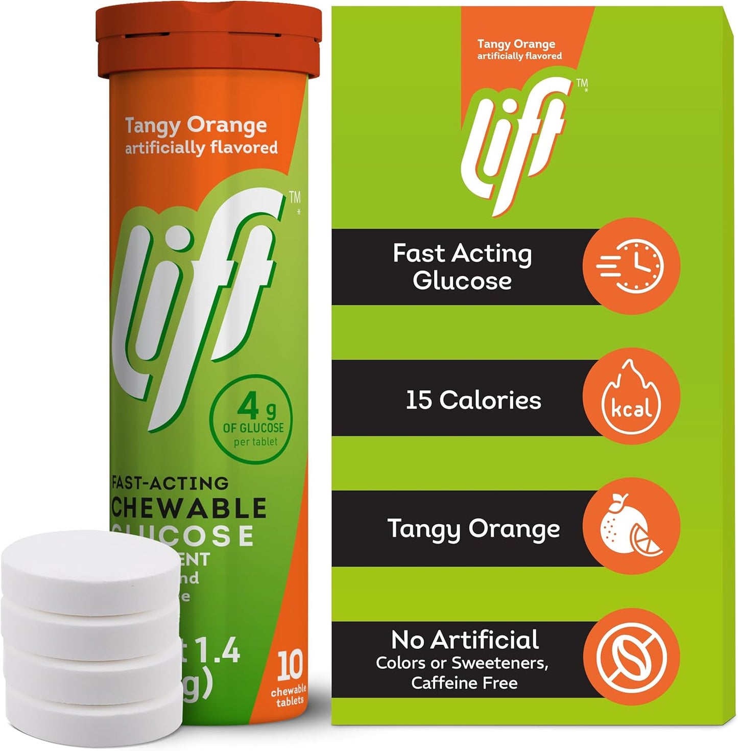 Lift Glucose Fast-Acting Glucose Chewable Energy Tablets, Orange, 10 ct Tube (Pack of 12)