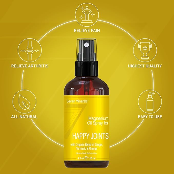 Seven Minerals, Magnesium Happy Joints Spray - Powerful USA Made Magnesium Oil Blend with Essential Oils (Turmeric, Ginger and Orange) - Free Ebook Included (4 fl oz)