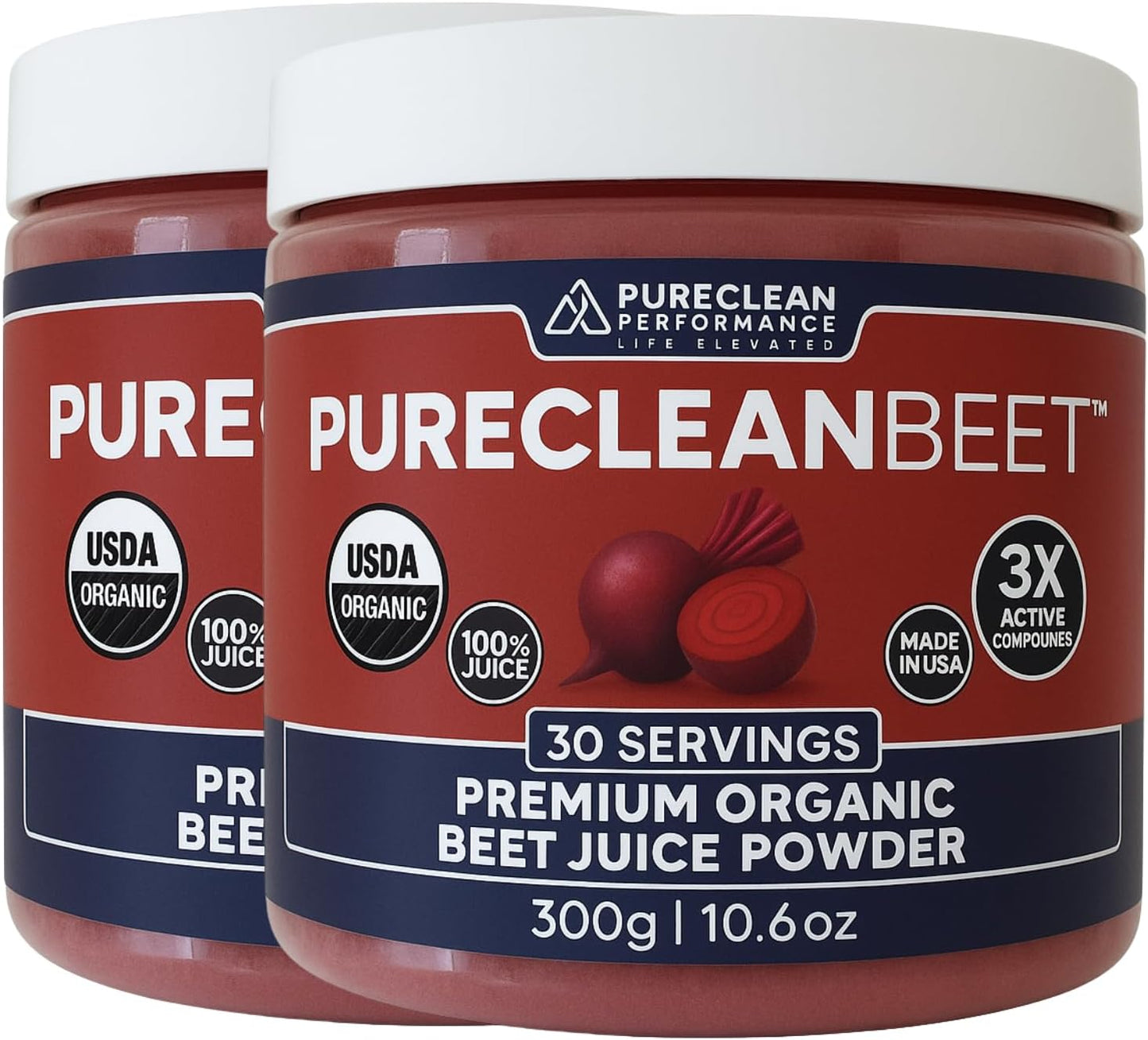 PureClean Organic Beet Juice Powder - Nitric Oxide Supplement - 100% USA Grown Beets - Organic Beet Root Powder 30 Servings, 300g (2 Jars 60 Servings)