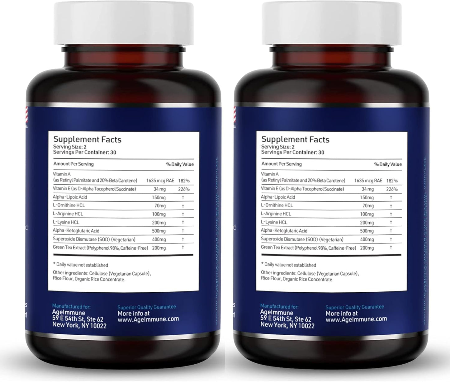 SOD Antioxidants Complex Healthy Aging Supplement, 400mg of Superoxide Dismutase, Alpha Lipoic Acid, Green Tea Extract, L-Arginine, Lysine, AKG, Vitamin A, Vitamin E - 60 Capsules -2 Bottles