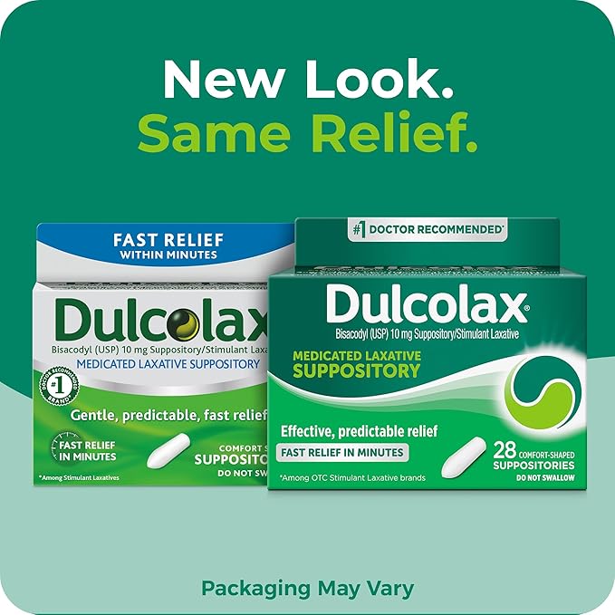 Dulcolax Stimulant Laxative Medicated Suppositories, Predictable & Effective Constipation Relief, Bisacodyl 10 mg, 28 Count, 2 pk