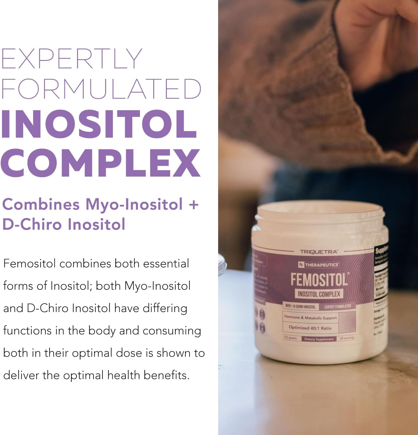FemoSitol Inositol Powder | Myo-Inositol & D-Chiro Inositol Complex - Clinically Proven 40:1 Ratio (Vitamin B8) | PCOS, Hormonal Balance & Healthy Ovarian Function Support (123 gram – 60 Servings)