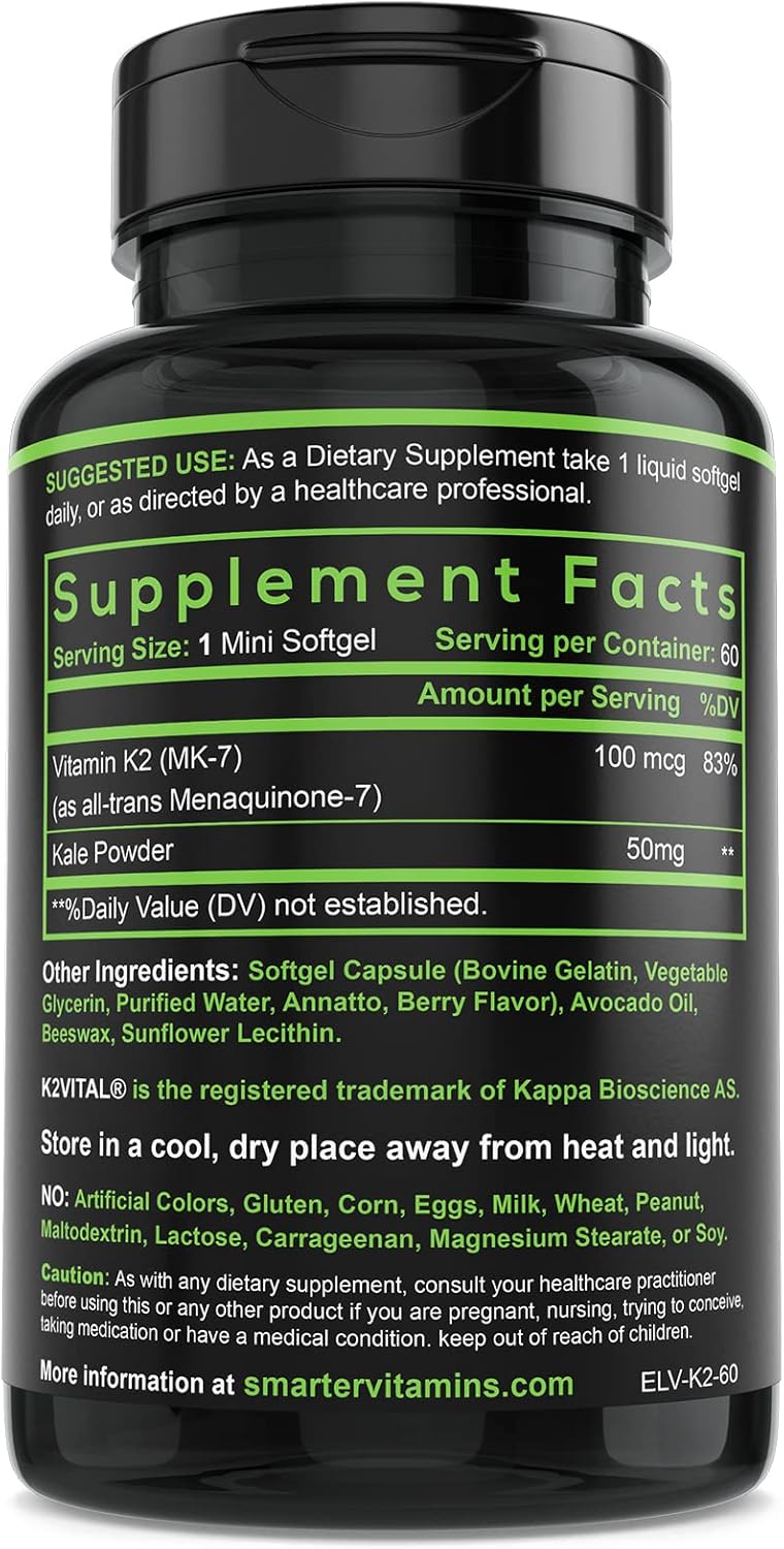 (3 Pack) Smarter Vitamin K2 MK7 100mcg, Made with K2VITAL and Kale, 180 Liquid Softgels