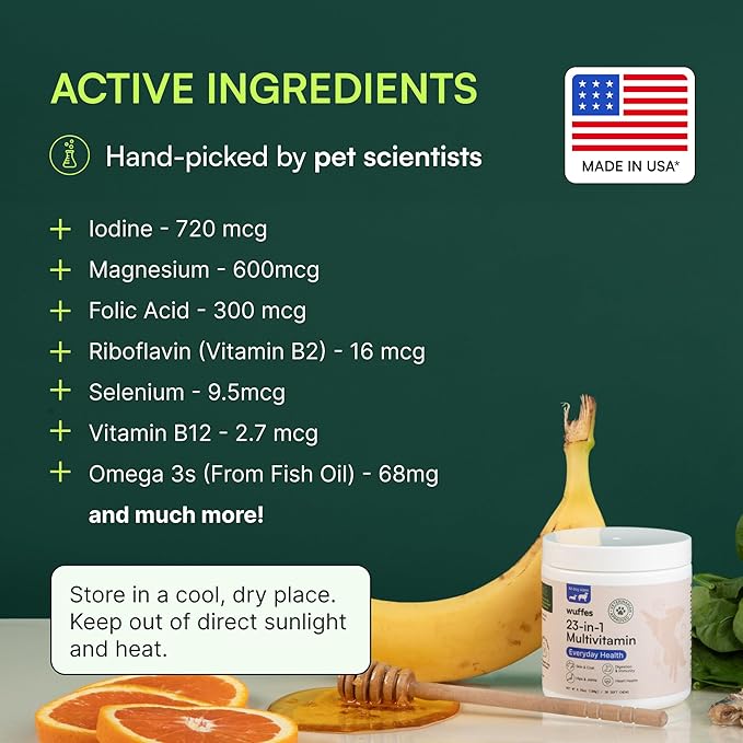 Wuffes 23-in-1 Dog Multivitamin Supplement for Hip & Joint, Skin & Coat and Immune System Support with Omega 3, Iron, Zinc, Vitamin C - Minerals & Vitamins for Senior Dogs and Puppies - 60 Soft Chews