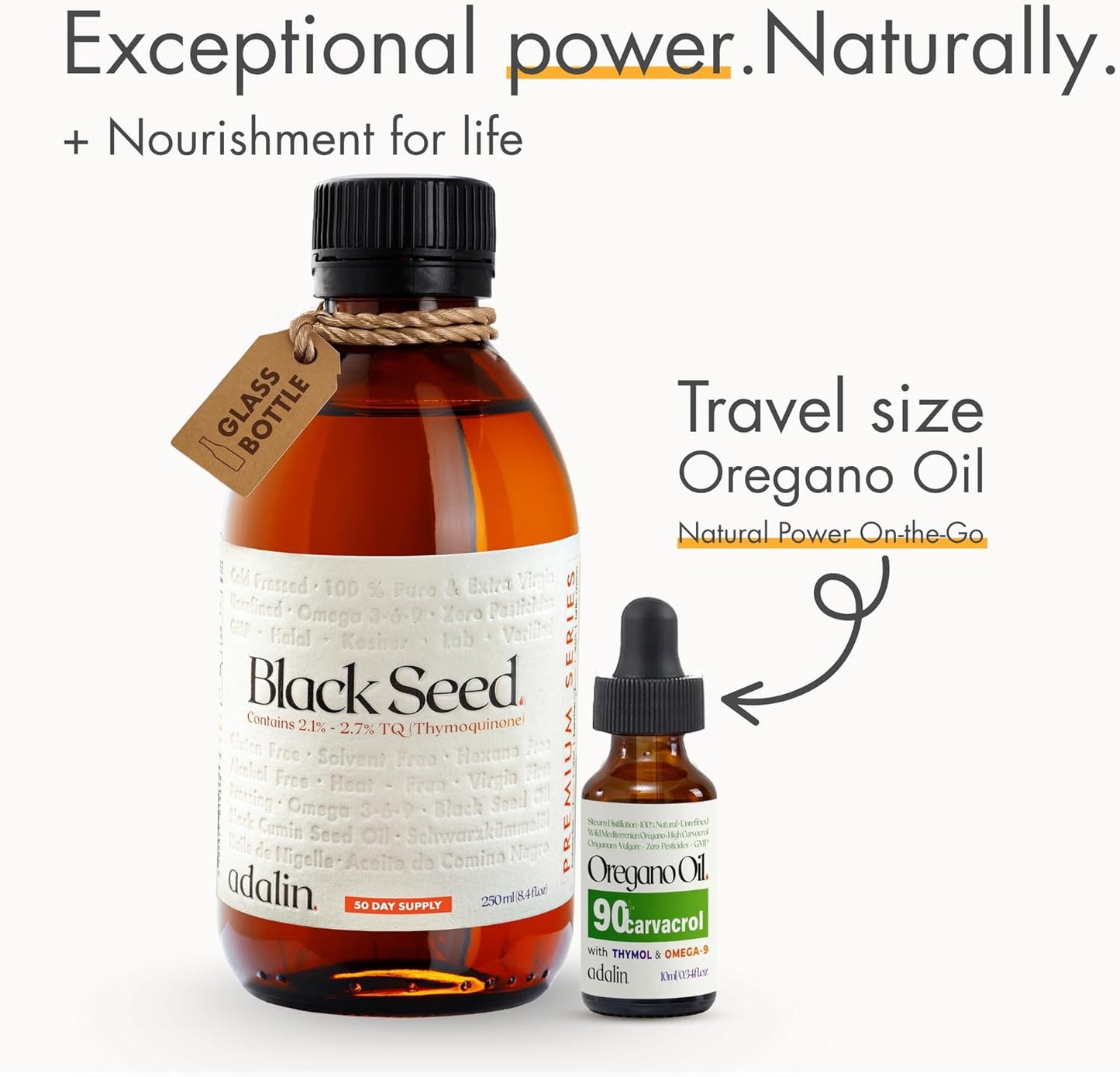 adalin Oil of Oregano with Black Seed Oil | Black Cummin Seed Oil 8.4 fl oz + Oregano Oil 10ml | Nigella Sativa Seed | High Thymoquinone | Cold Pressed | Glass Bottle | Vegan | Gluten Free