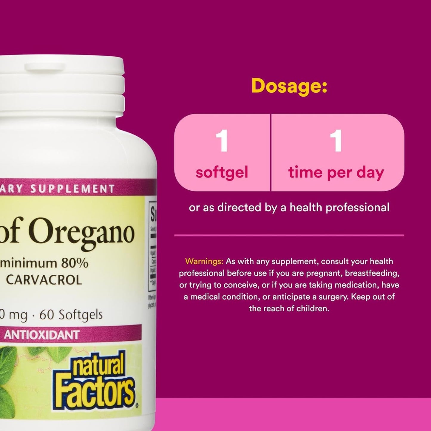 Natural Factors Oil of Oregano 180 mg, Helps Maintain Good Health with Extra Virgin Olive Oil, 60 Softgels