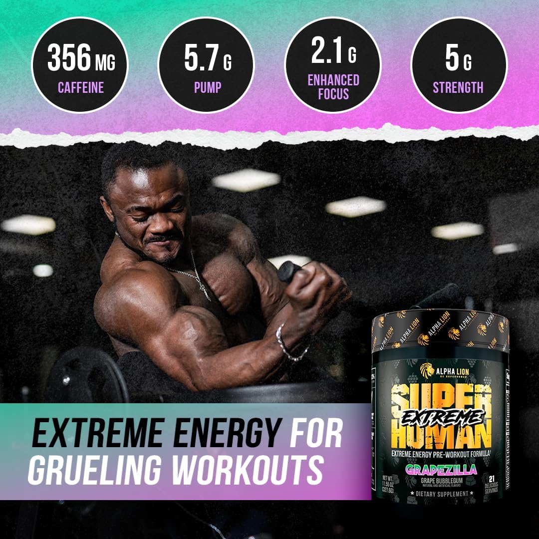 ALPHA LION Superhuman Extreme High Stim Pre Workout Powder, Beta Alanine, L-Taurine & 356mg Tri-Source Caffeine for Sustained Energy, Nitric Oxide & Citrulline for Pump (21 Servings, Grape Flavor)