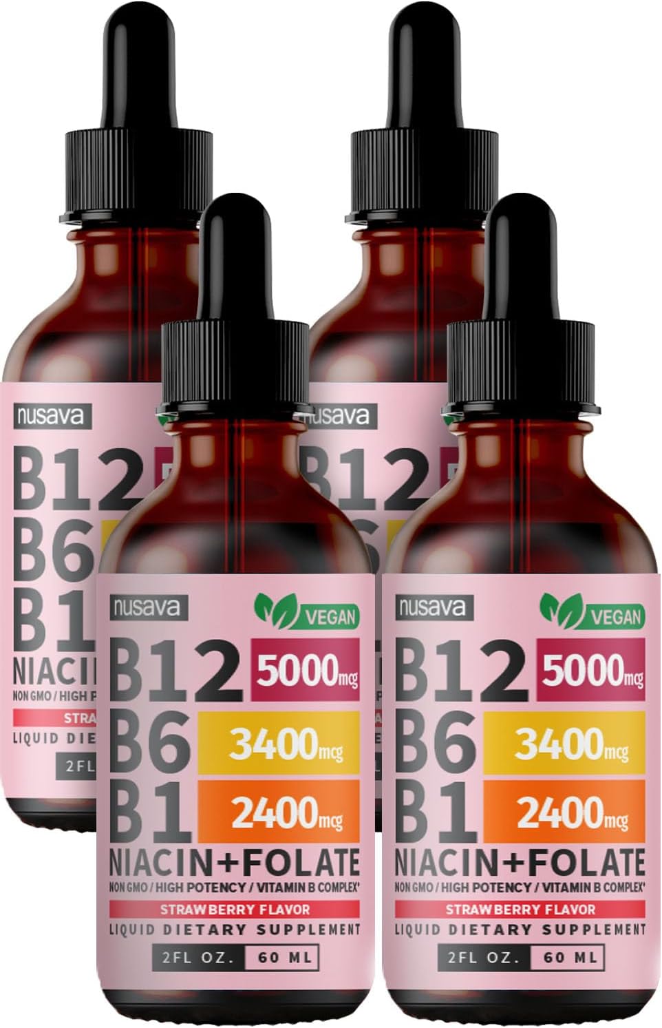 (4 Pack) Vitamin B12 and B6 Liquid Drops, B12 Sublingual Vitamin B Complex - B 12 Vitamin 5000mcg - B12 Methylcobalamin for Energy, Brain, and Heart Support with 27,200 mcg, Strawberry, 80 Servings