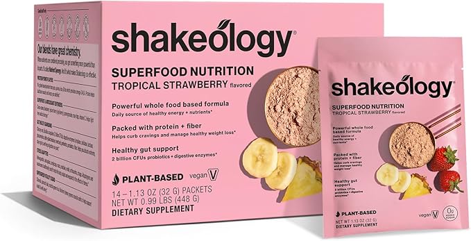 BODi Shakeology 0g Added Sugar Plant Based Protein Powder Blend, Gluten-Free Shake with Vitamins and Minerals – Helps Support Healthy Weight Loss, Lean Muscle, Tropical Strawberry - 14 Servings